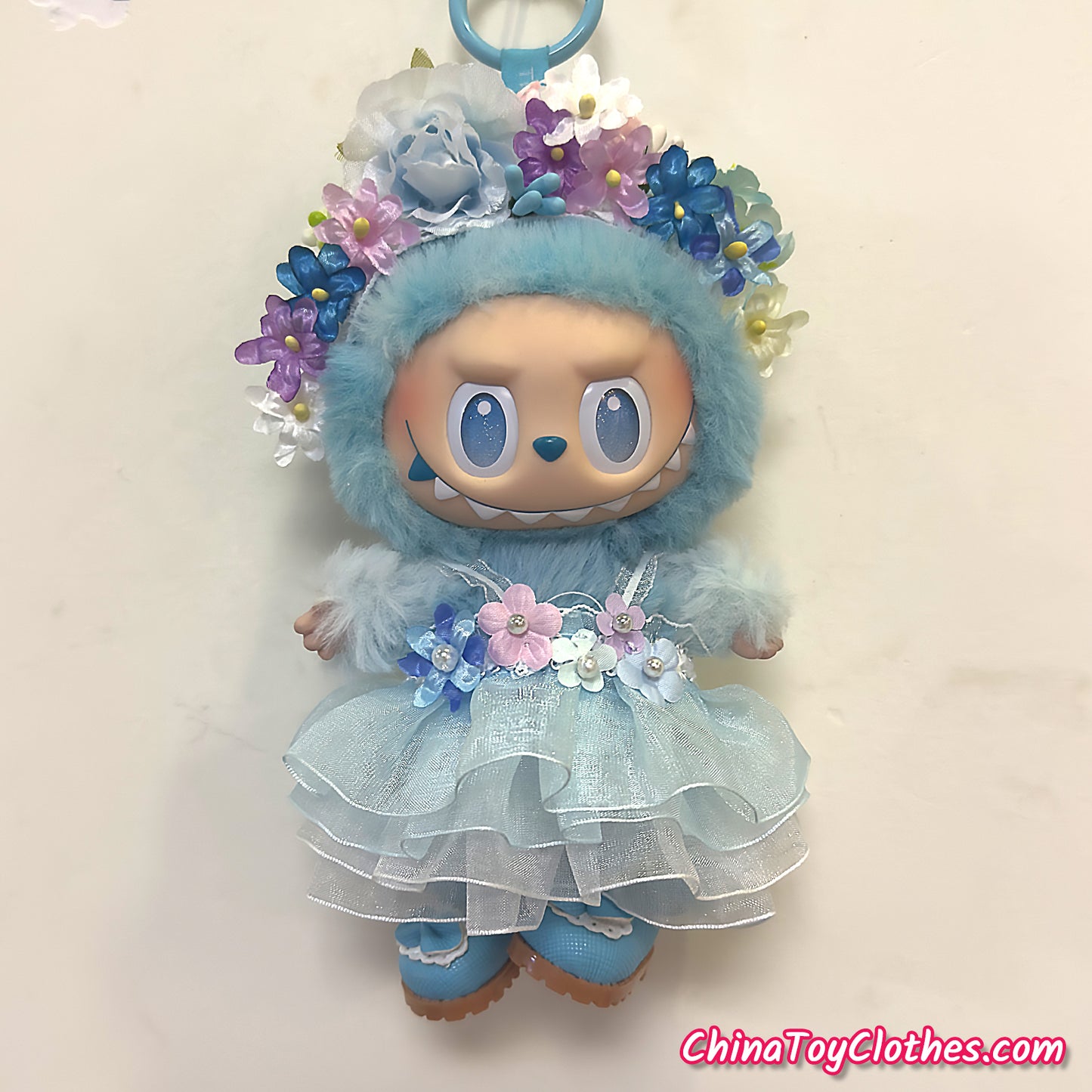 LABUBU 17cm The Monsters Plush Doll Handmade Clothes Blue Flower Maid Outfit NO TOY