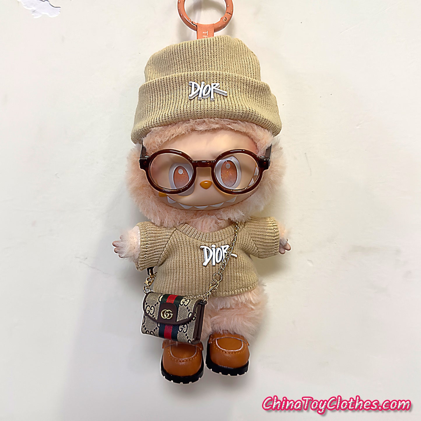 LABUBU 17cm The Monsters Plush Doll Handmade Cute Beige DD Sweater and Bag NO TOY