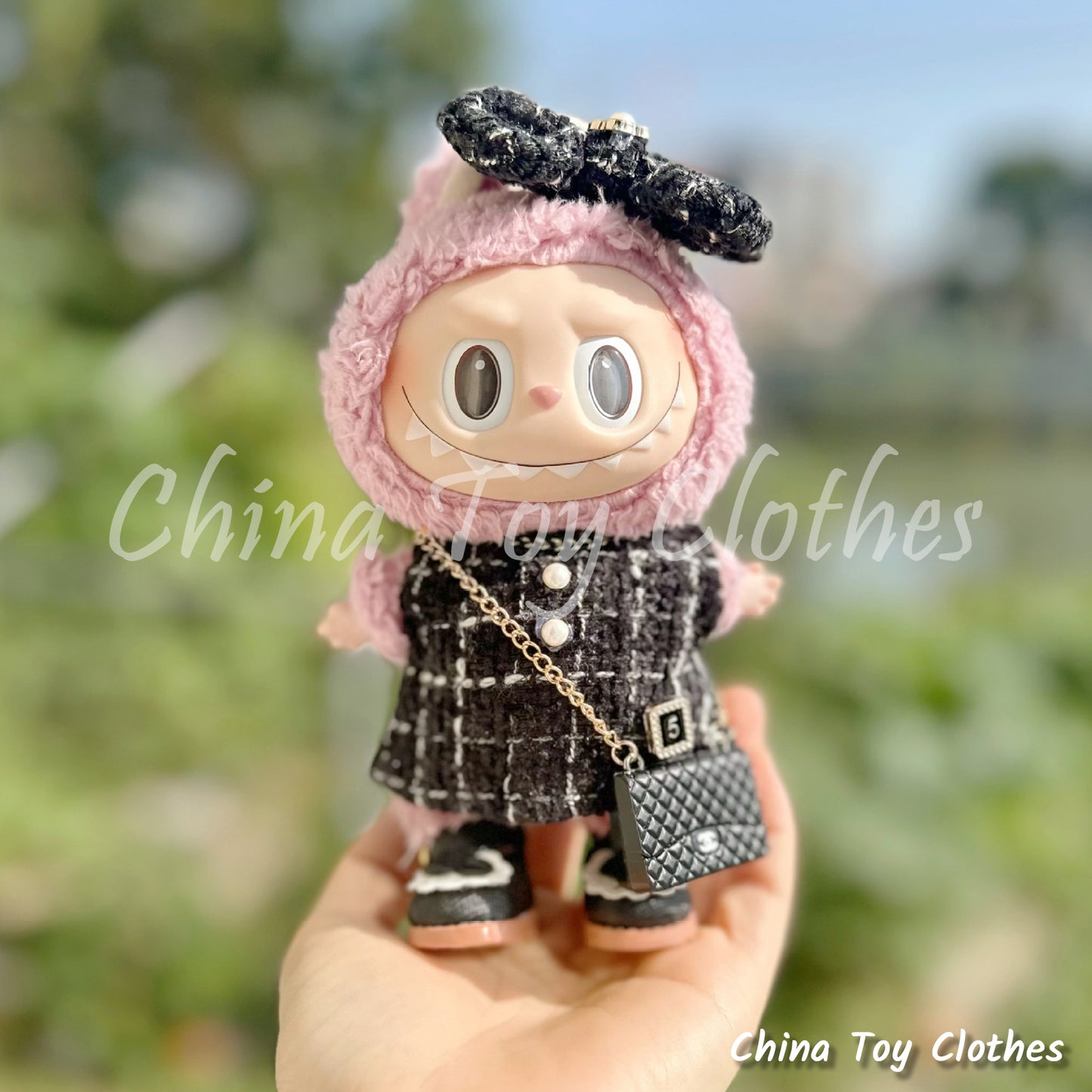 LABUBU 17cm The Monsters Plush Doll Clothes Rich Girl Black & White Chanel Fashion Style Plus Bag Shoes NO TOY