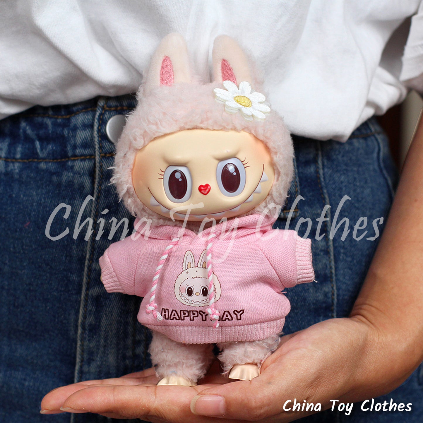 LABUBU 17cm The Monsters Plush Doll Clothes Pink Labubu Happyday Hood NO TOY