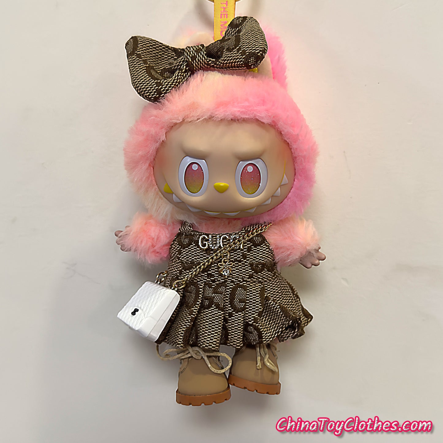 LABUBU 17cm The Monsters Plush Doll Handmade Clothes Beige Headband Princess Jumpsuit With Bag NO TOY