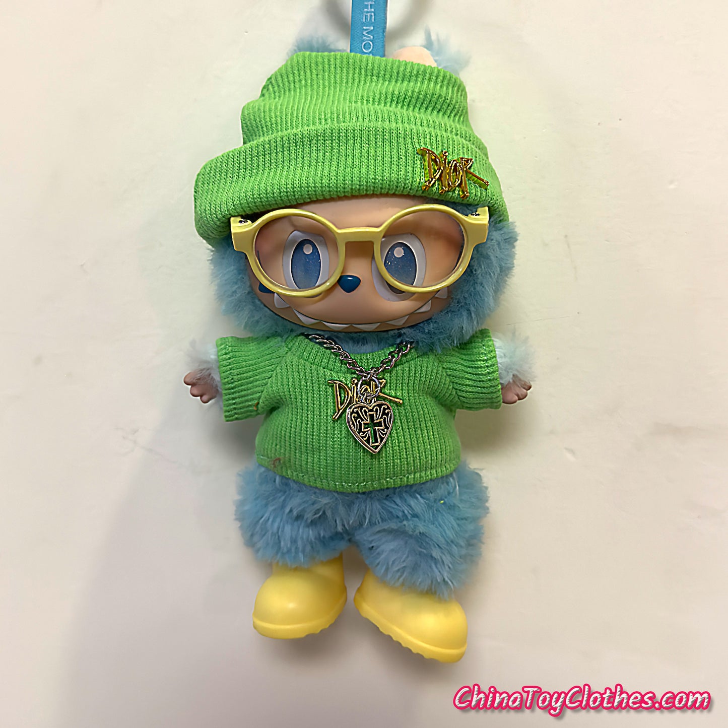 LABUBU 17cm The Monsters Plush Doll Handmade Cute Green DD Sweater Glasses NO TOY