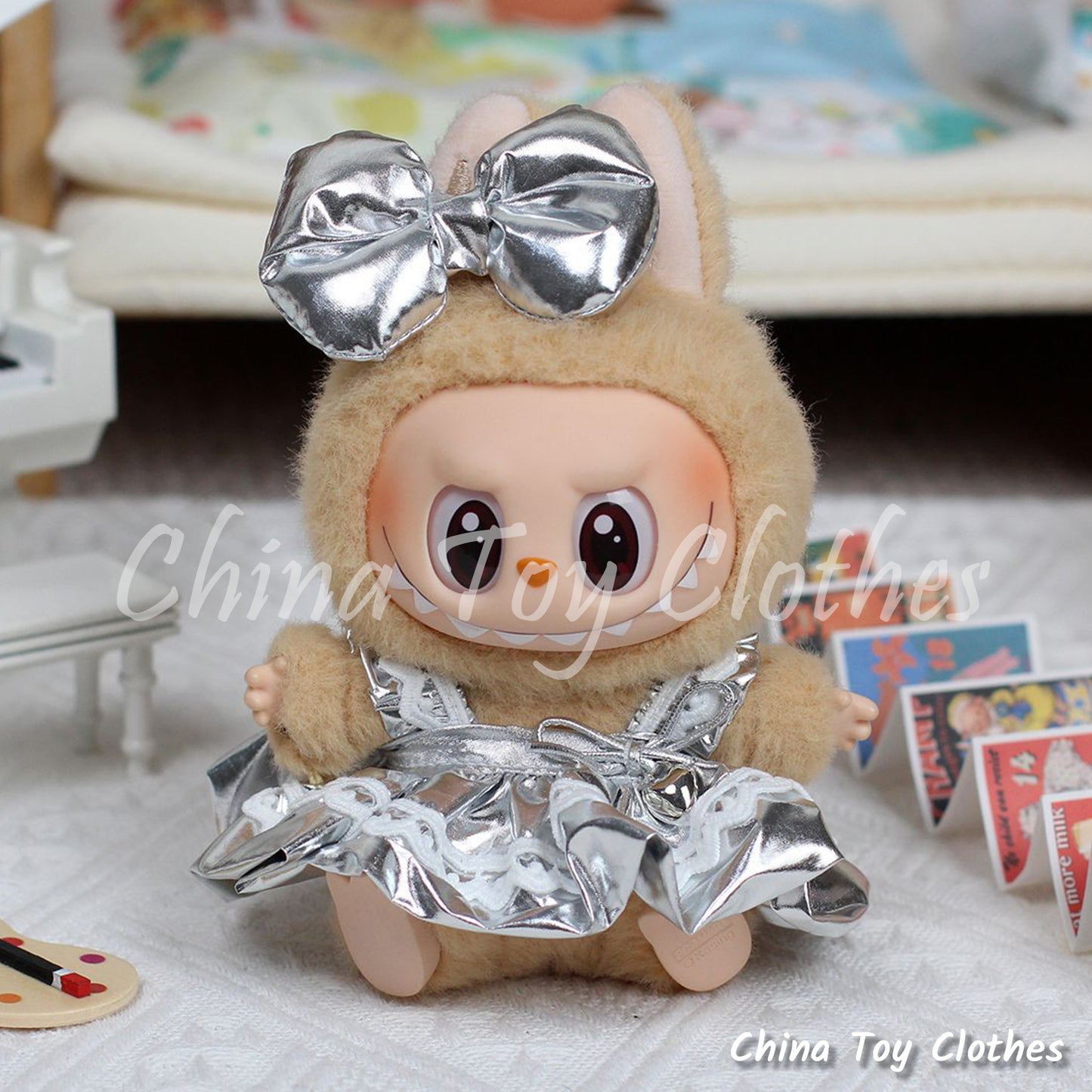 LABUBU 17cm The Monsters Plush Doll Handmade Clothes Shinning Sientific Girl Skirt NO TOY