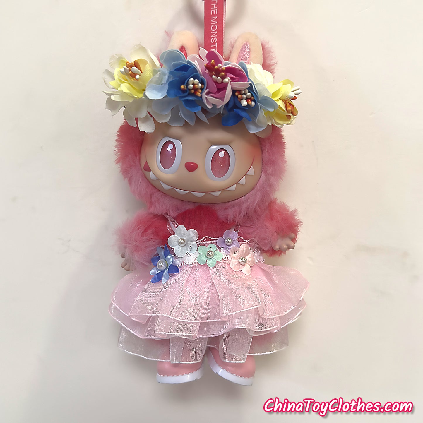 LABUBU 17cm The Monsters Plush Doll Handmade Clothes Pink Flower Maid Outfit NO TOY