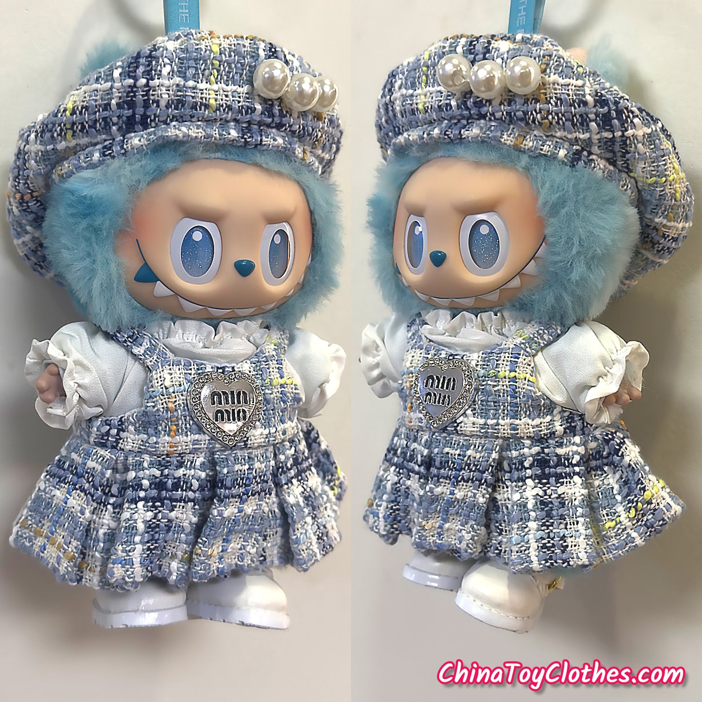 LABUBU 17cm The Monsters Plush Doll Handmade Clothes Adorable Blue MM Princess Dress NO TOY