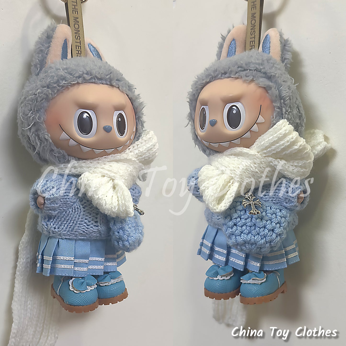 LABUBU 17cm The Monsters Plush Doll Handmade Blue Cute Sweater Outfit NO TOY