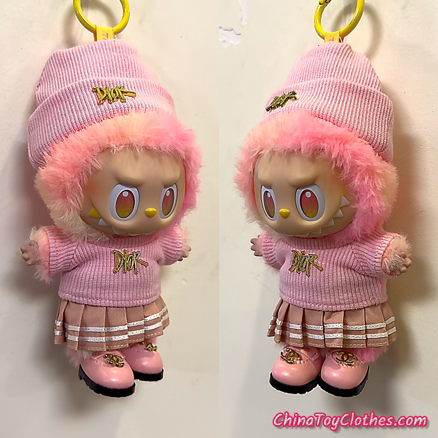 LABUBU 17cm The Monsters Plush Doll Handmade Cute Pink DD Sweater and Bag NO TOY