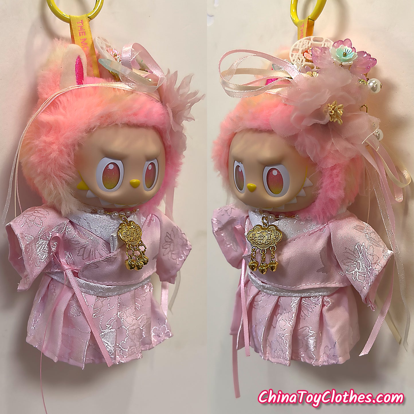 LABUBU 17cm The Monsters Plush Doll Handmade Clothes Pink Traditonal Han Dynasty Outfit NO TOY