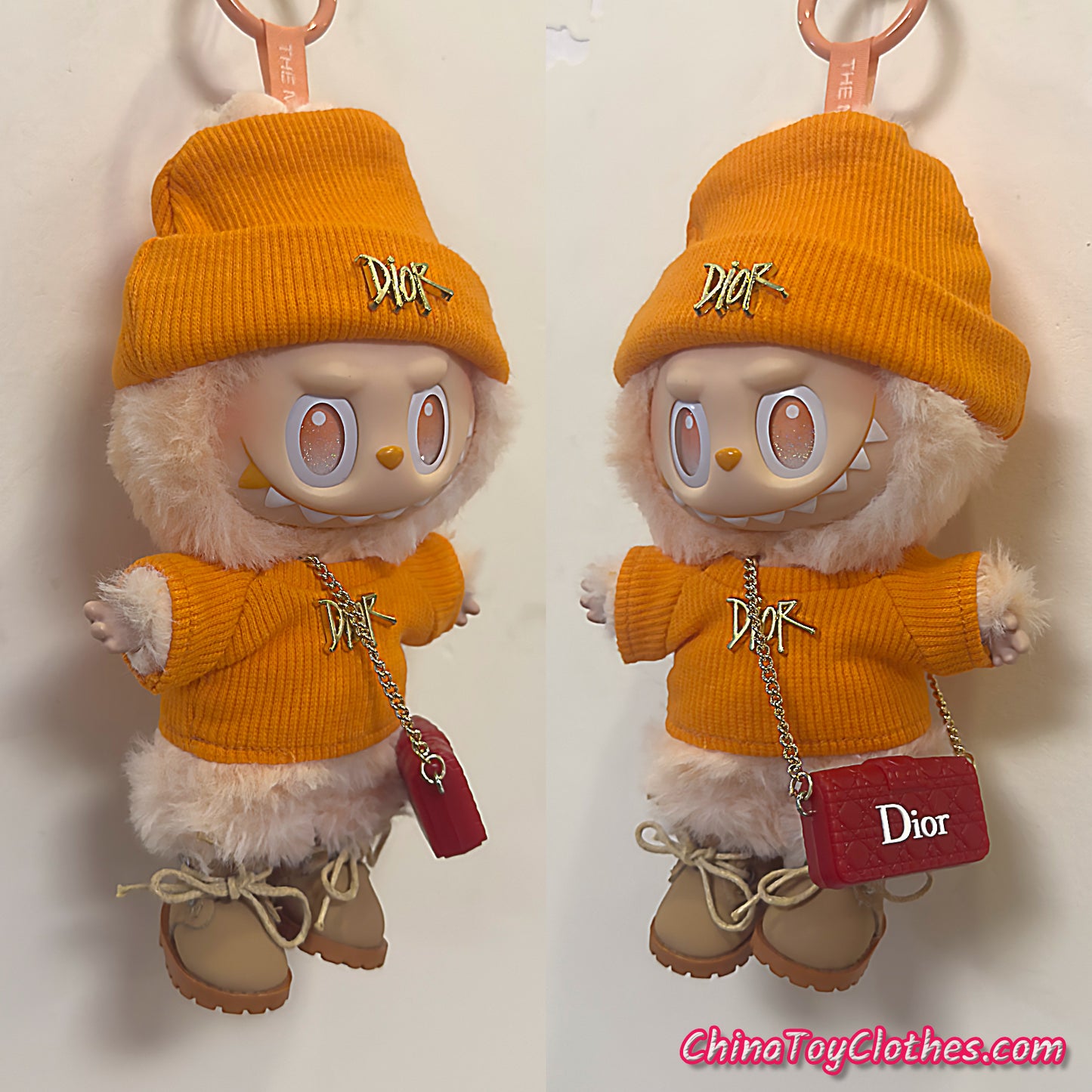 LABUBU 17cm The Monsters Plush Doll Handmade Cute Orange DD Sweater and Bag NO TOY