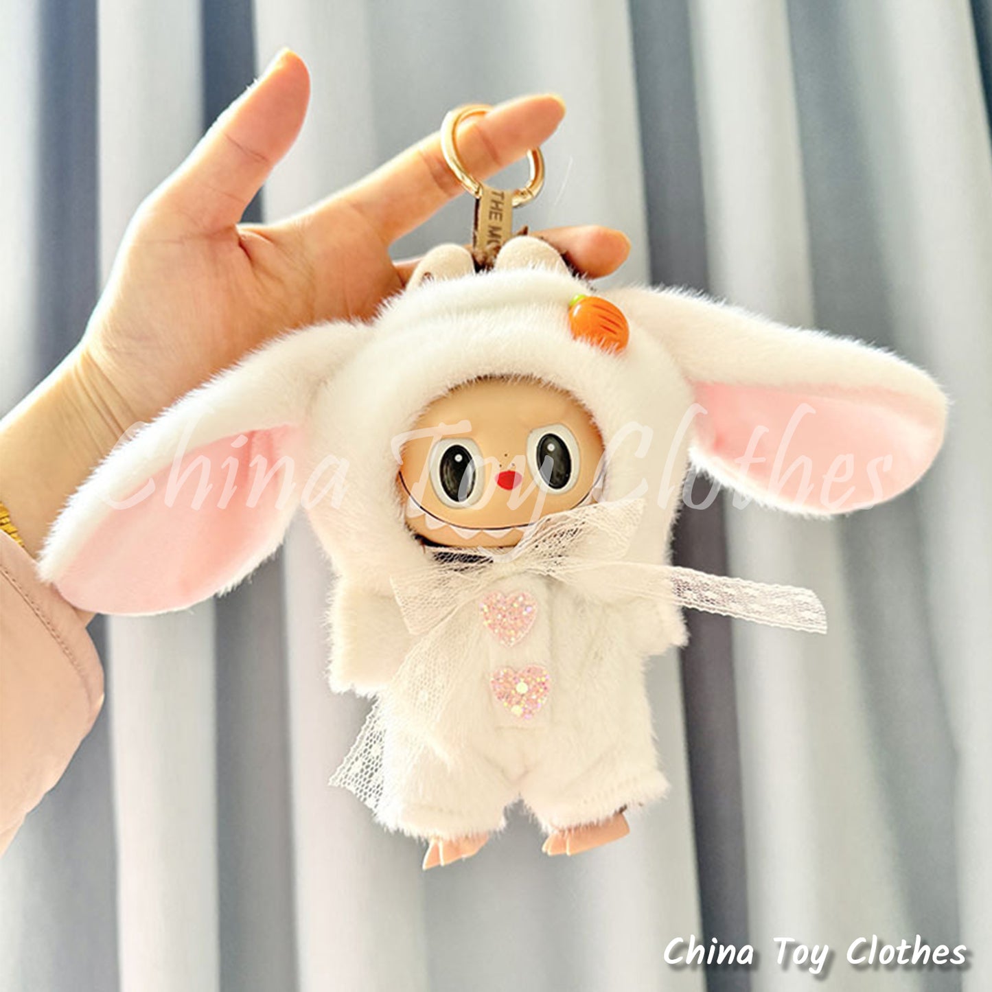 LABUBU 17cm The Monsters Plush Doll Clothes Minky White Rabbit Suit NO TOY