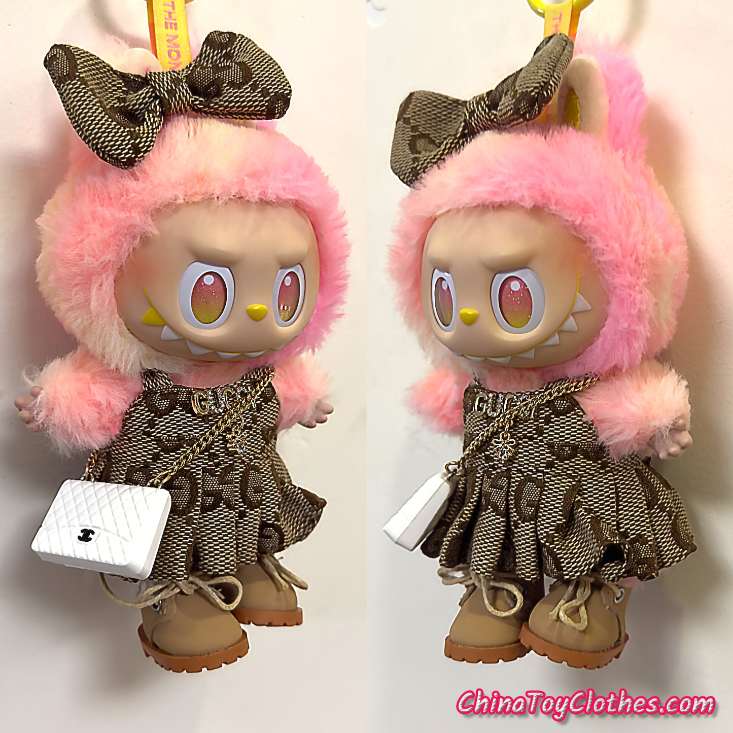 LABUBU 17cm The Monsters Plush Doll Handmade Clothes Beige Headband Princess Jumpsuit With Bag NO TOY