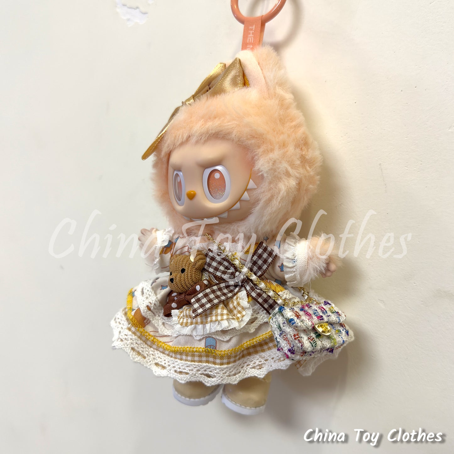 LABUBU 17cm The Monsters Plush Doll Replacing Clothes Cute Girl Teddy Dress with Bag and Shoes NO TOY