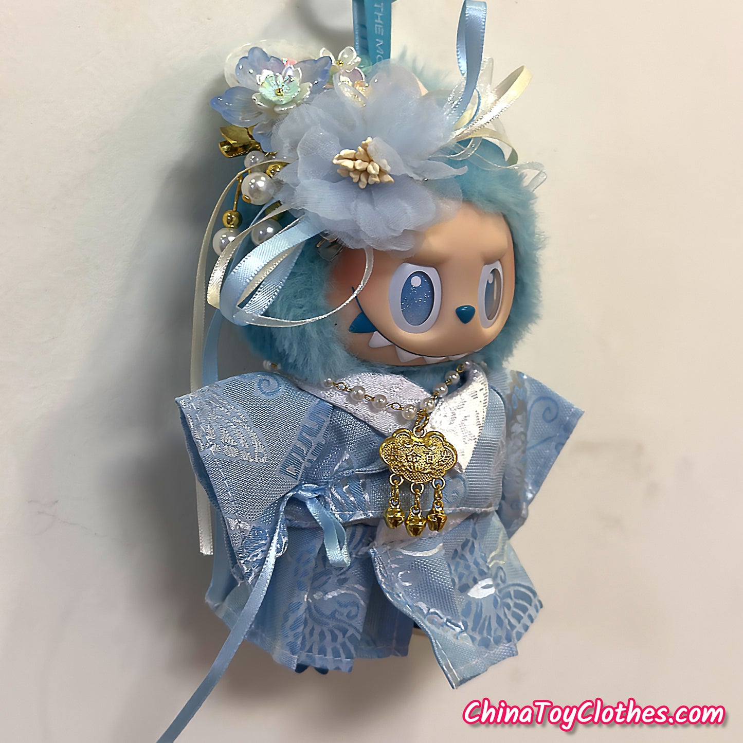 LABUBU 17cm The Monsters Plush Doll Handmade Clothes Blue Traditonal Han Dynasty Outfit NO TOY