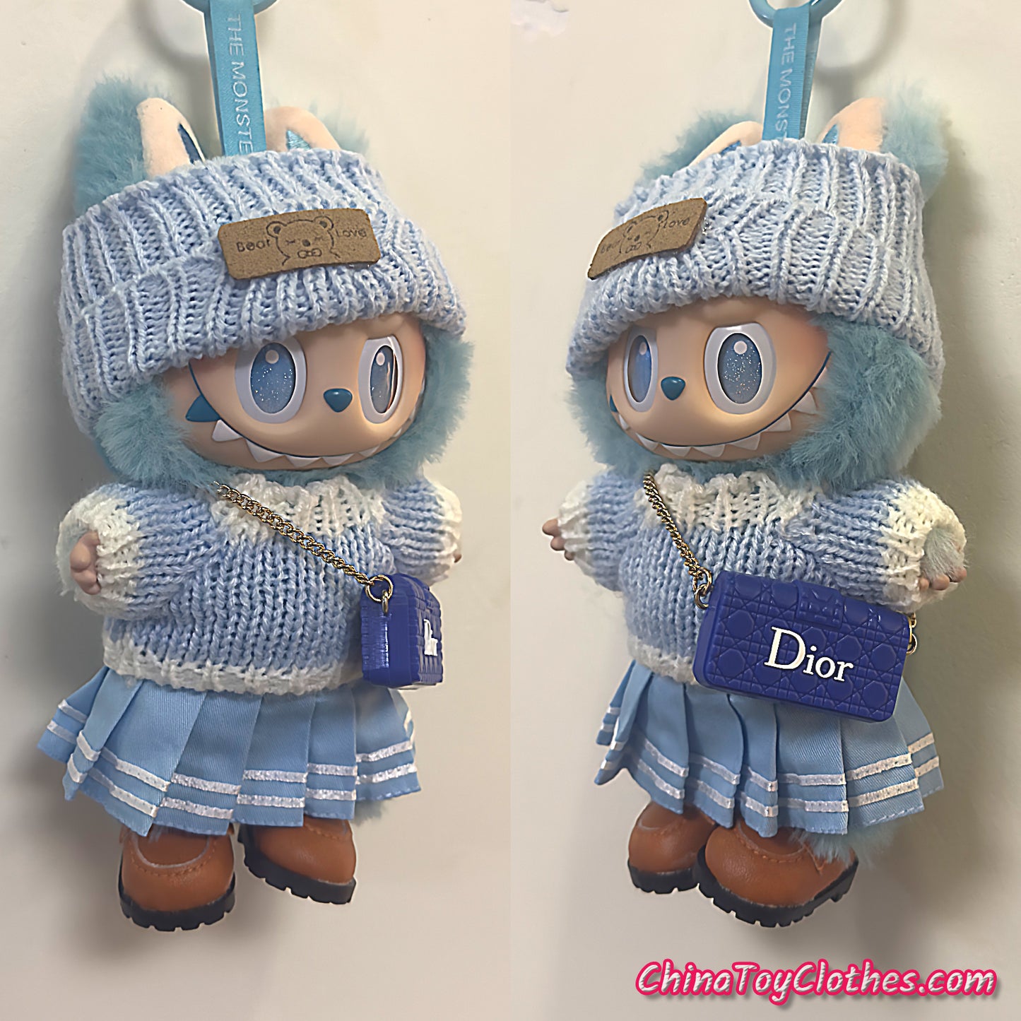 LABUBU 17cm The Monsters Plush Doll Handmade Cute BLUE Sweater Outfit NO TOY