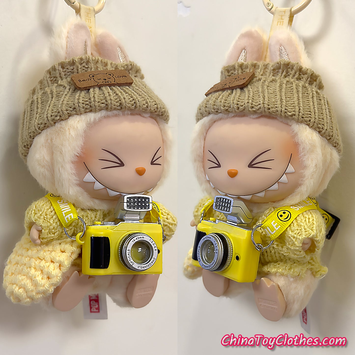 LABUBU 17cm The Monsters Plush Doll Handmade Yellow Cute Sweater Outfit and Camera NO TOY