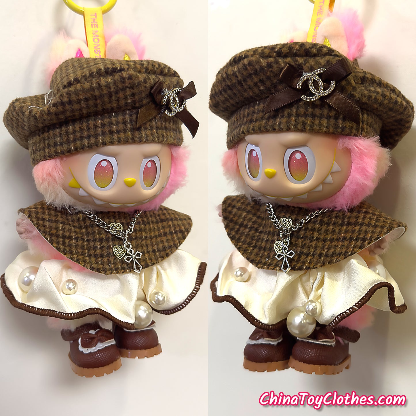 LABUBU 17cm The Monsters Plush Doll Handmade Clothes Brown Elegant Pearls Princess Dress NO TOY
