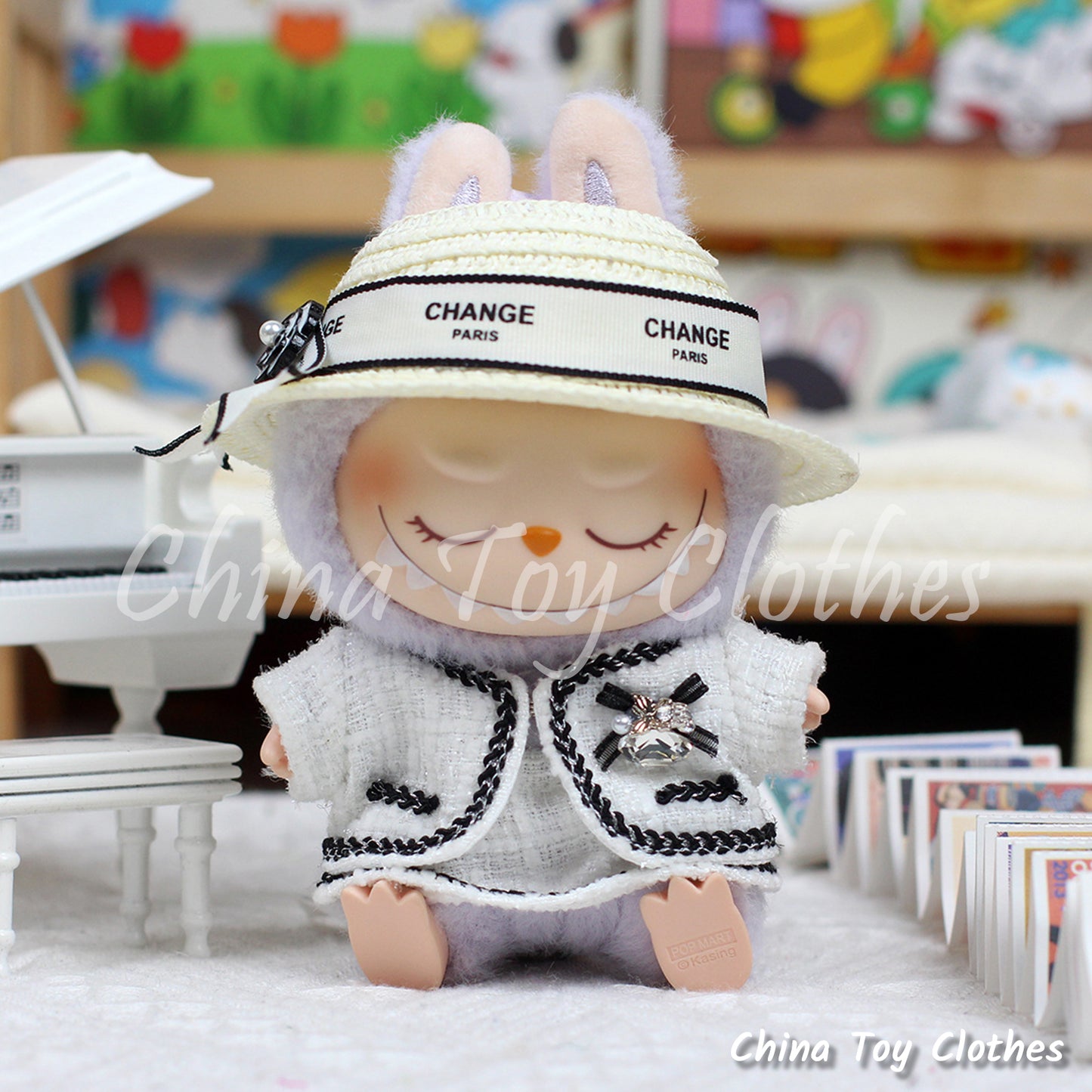 LABUBU 17cm The Monsters Plush Doll Handmade Clothes Elegant Girl Fashion Style Outfit With Straw Hat NO TOY