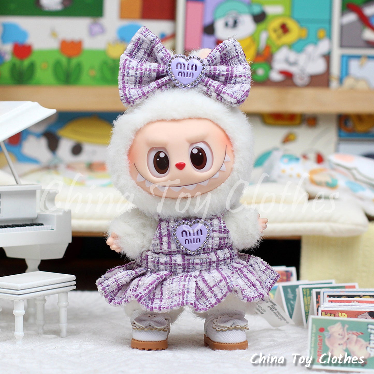 LABUBU 17cm The Monsters Plush Doll Handmade Clothes Elegant Lady Purple Fashion Skirt NO TOY