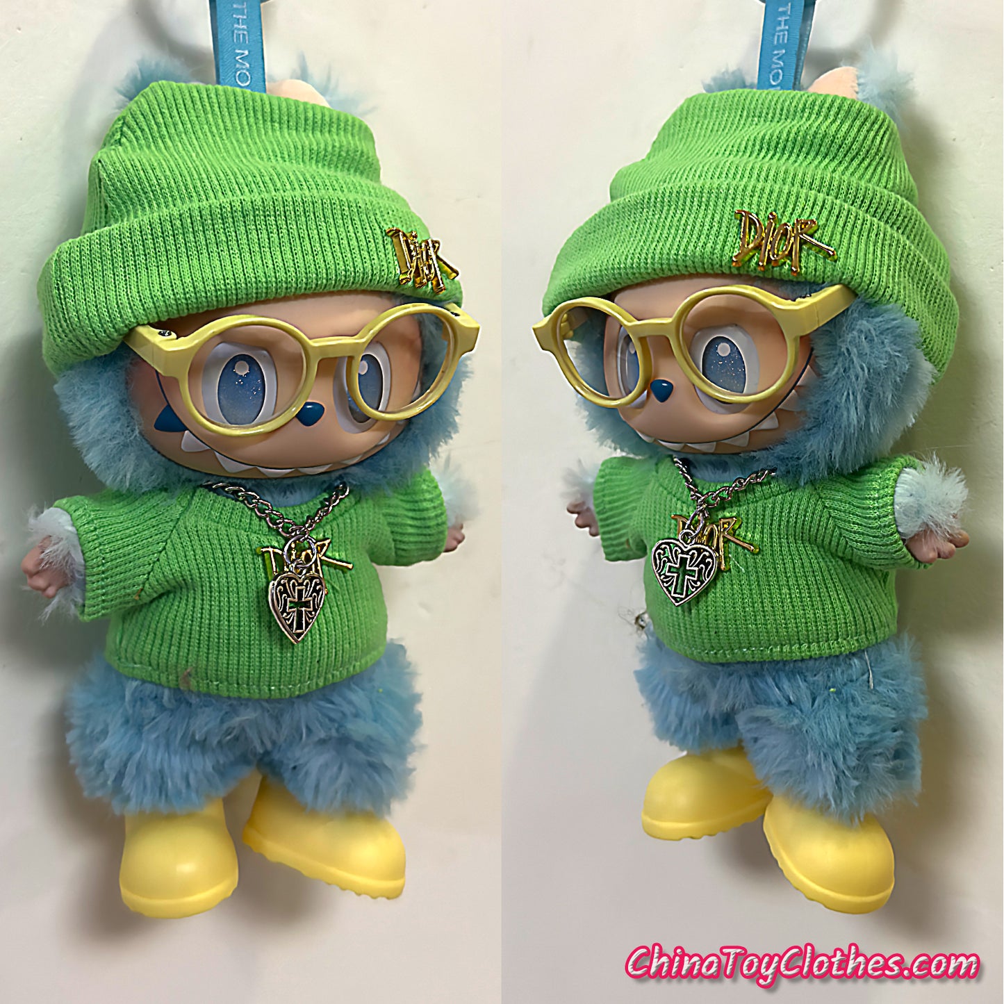 LABUBU 17cm The Monsters Plush Doll Handmade Cute Green DD Sweater Glasses NO TOY