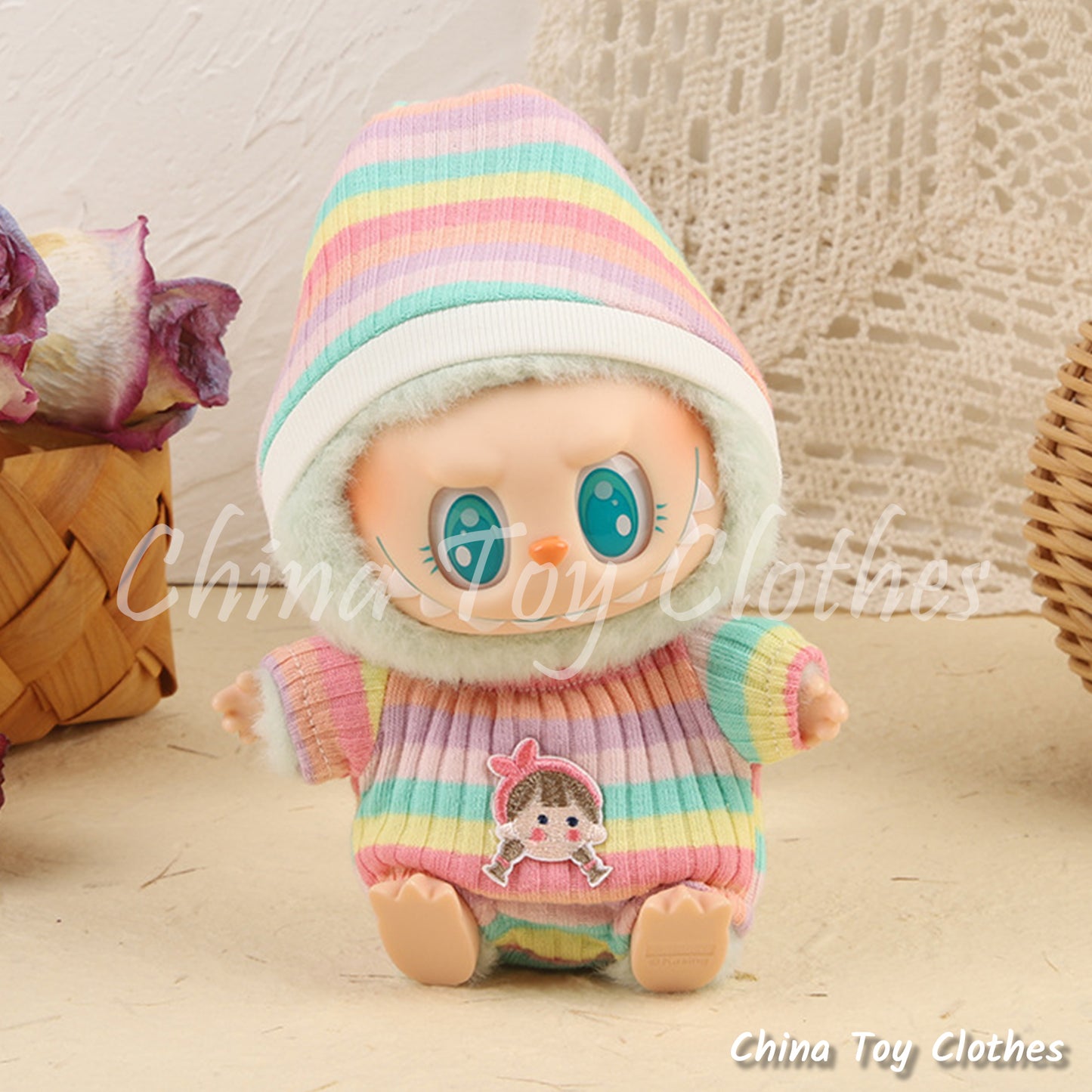 LABUBU 17cm The Monsters Plush Doll Clothes Adorable Rainbow Color Sweater with Hat NO TOY