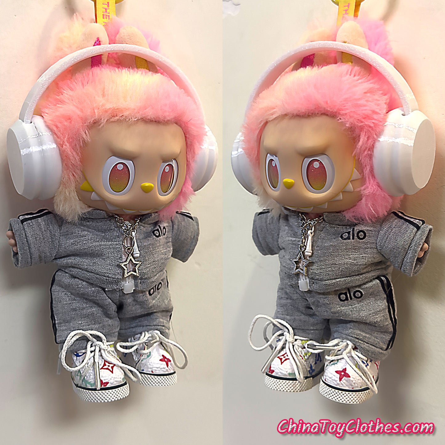 LABUBU 17cm The Monsters Plush Doll Replacing Clothes Grey Yoga Leisure Sportswear Outfit NO TOY