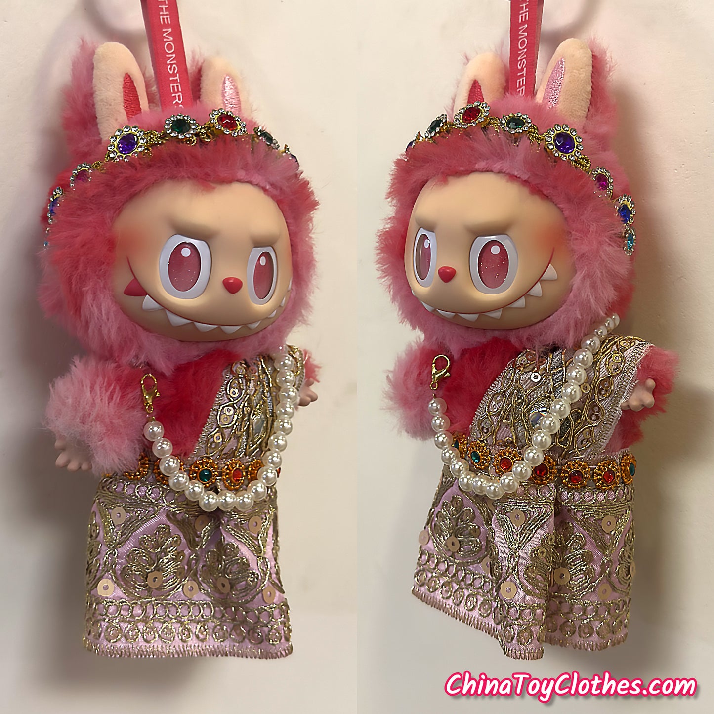 LABUBU 17cm The Monsters Plush Doll Handmade Clothes Cute Traditional Thai Pink Outfit NO TOY