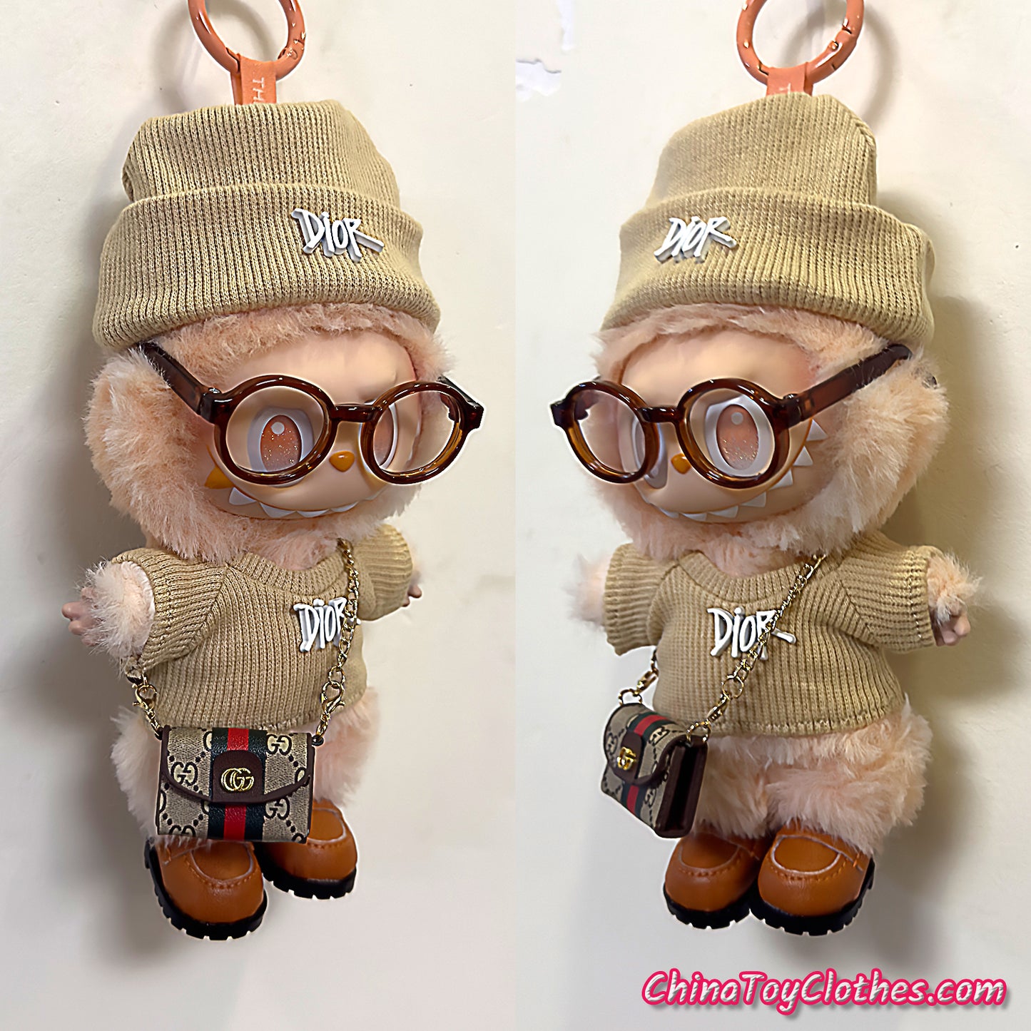 LABUBU 17cm The Monsters Plush Doll Handmade Cute Beige DD Sweater and Bag NO TOY