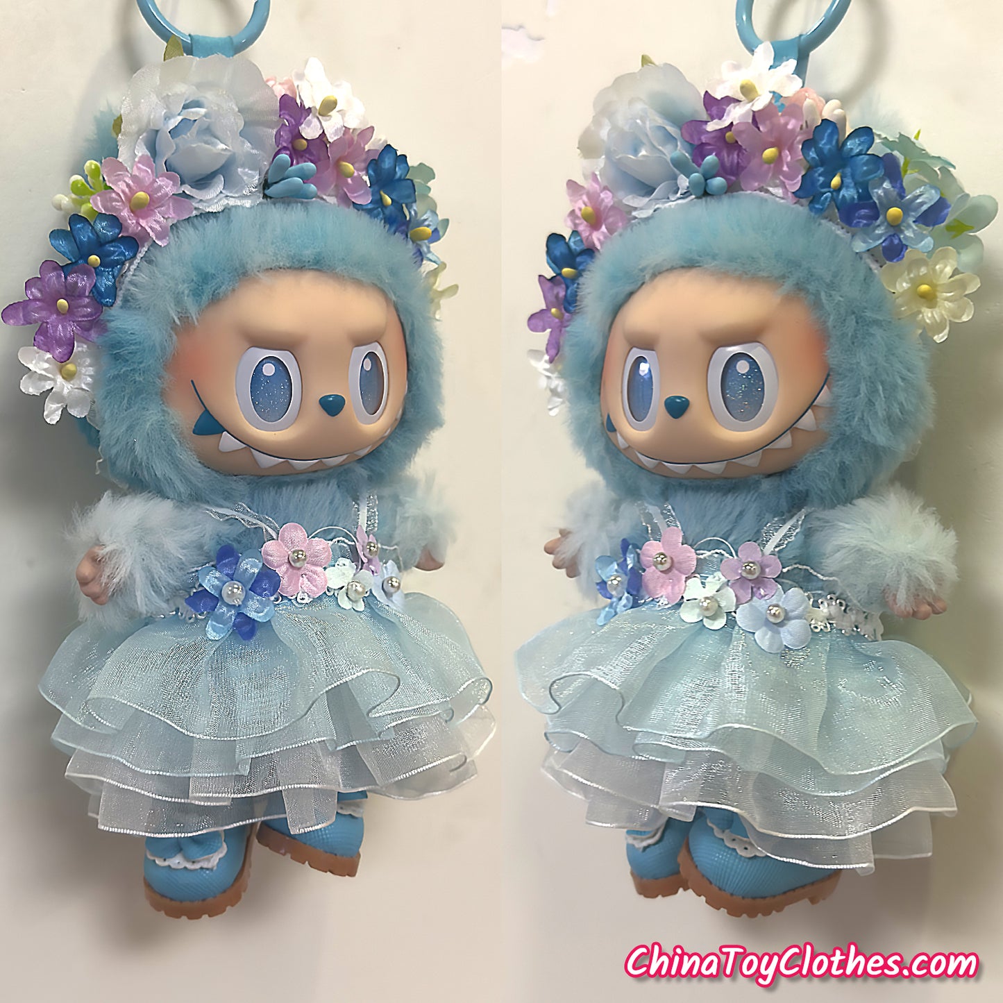 LABUBU 17cm The Monsters Plush Doll Handmade Clothes Blue Flower Maid Outfit NO TOY