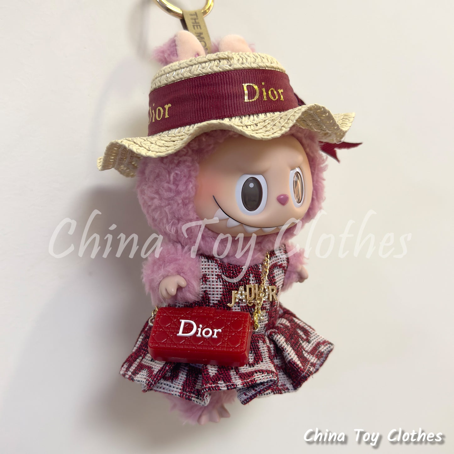 LABUBU 17cm The Monsters Plush Doll Clothes Elegant Straw Hat and Red Skirt and Bag NO TOY