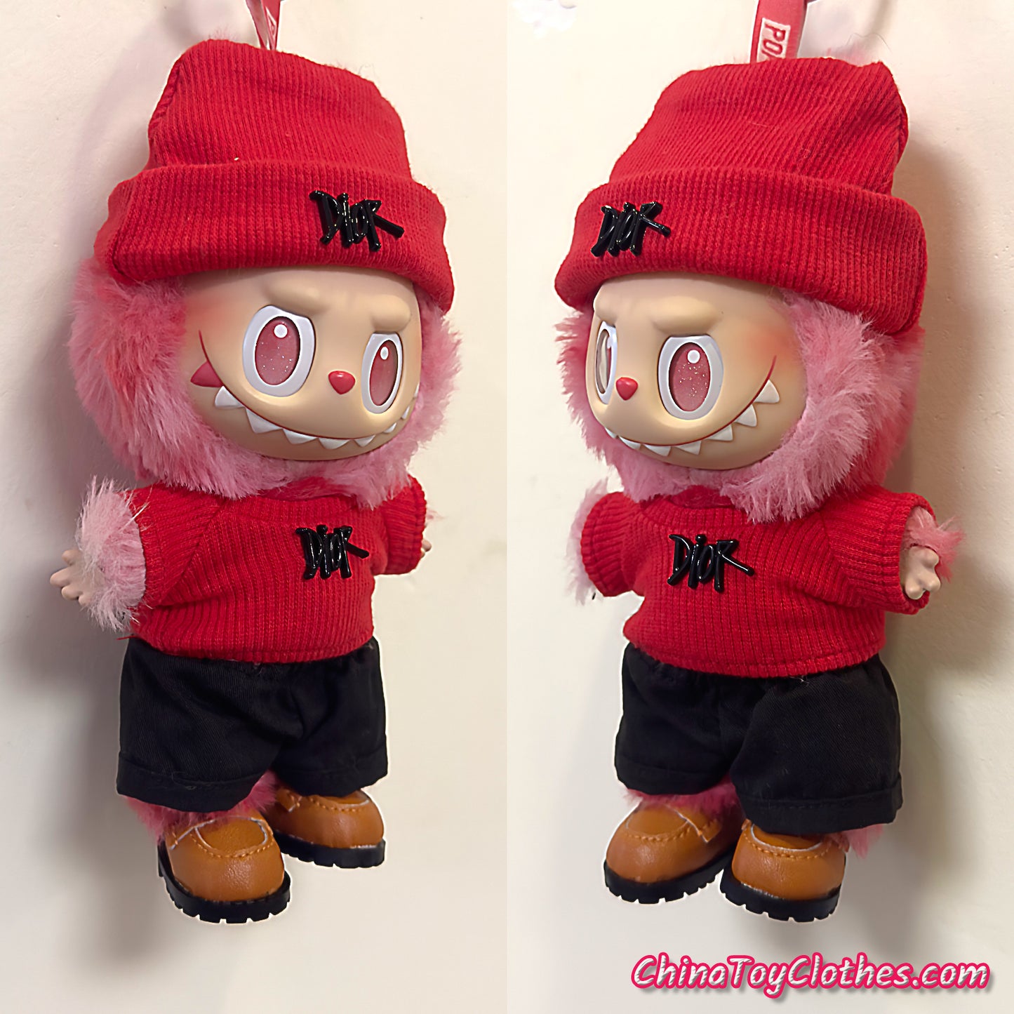 LABUBU 17cm The Monsters Plush Doll Handmade Cute Red DD Sweater Glasses NO TOY