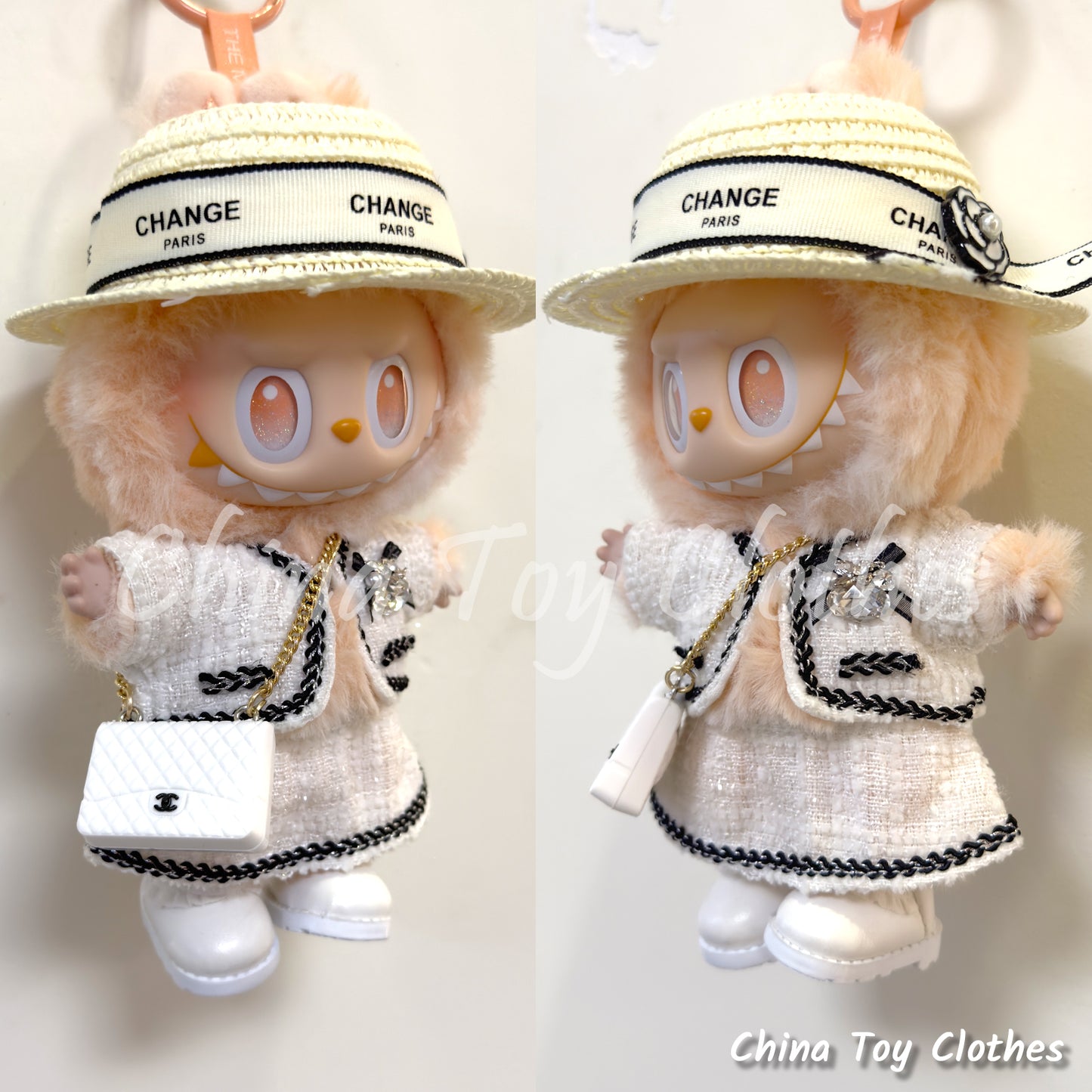 LABUBU 17cm The Monsters Plush Doll Handmade Clothes Elegant Lady Fashion Style Outfit With Straw Hat NO TOY