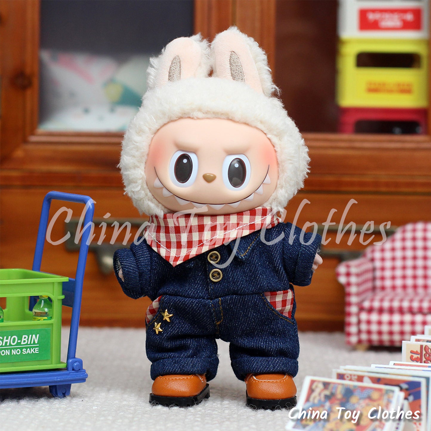 LABUBU 17cm 7inch The Monsters Plush Doll Clothes Handmade Cowboy Outfit NO TOY