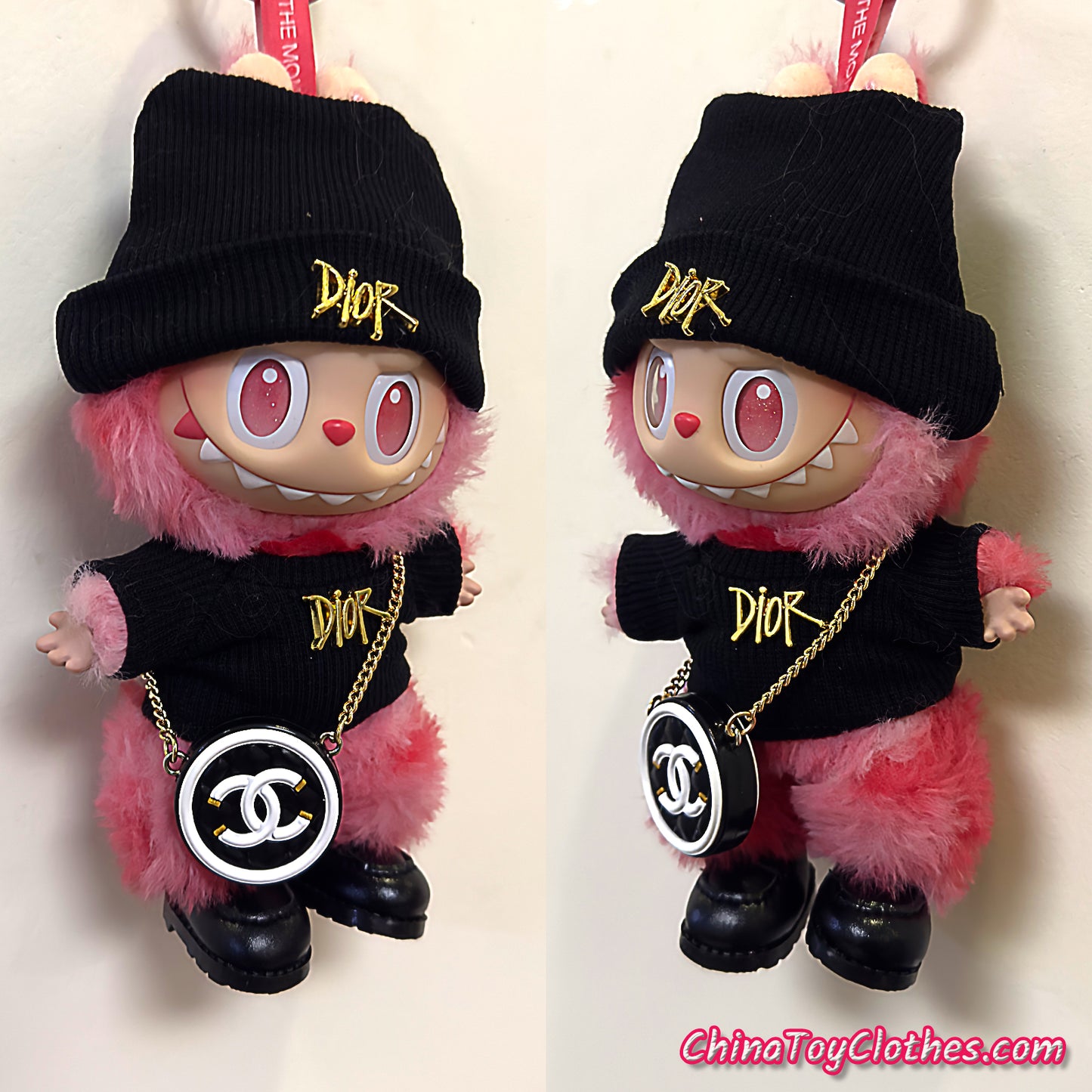 LABUBU 17cm The Monsters Plush Doll Handmade Cute Black DD Sweater and Bag NO TOY