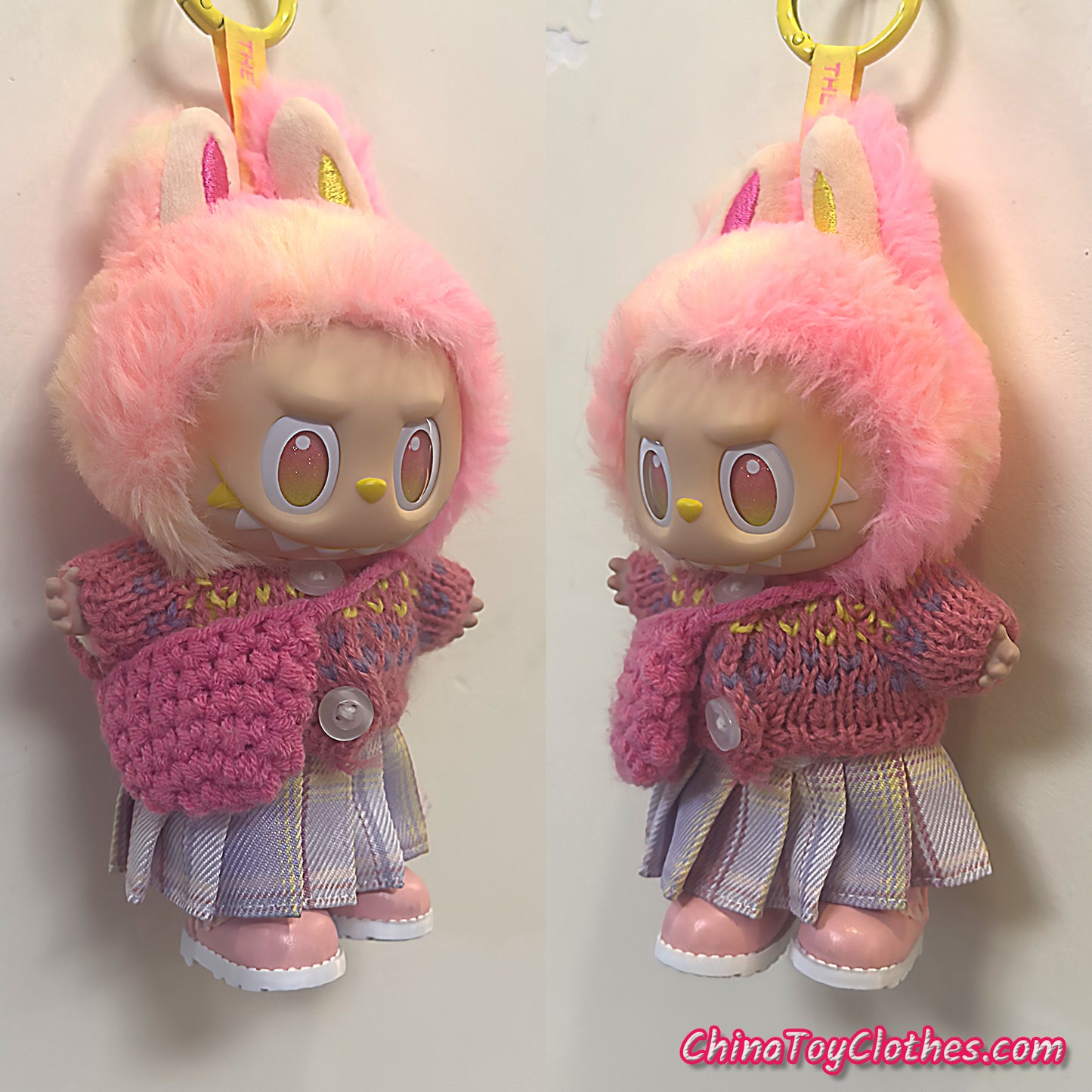 LABUBU 17cm The Monsters Plush Doll Handmade Cute PINK Sweater Outfit NO TOY