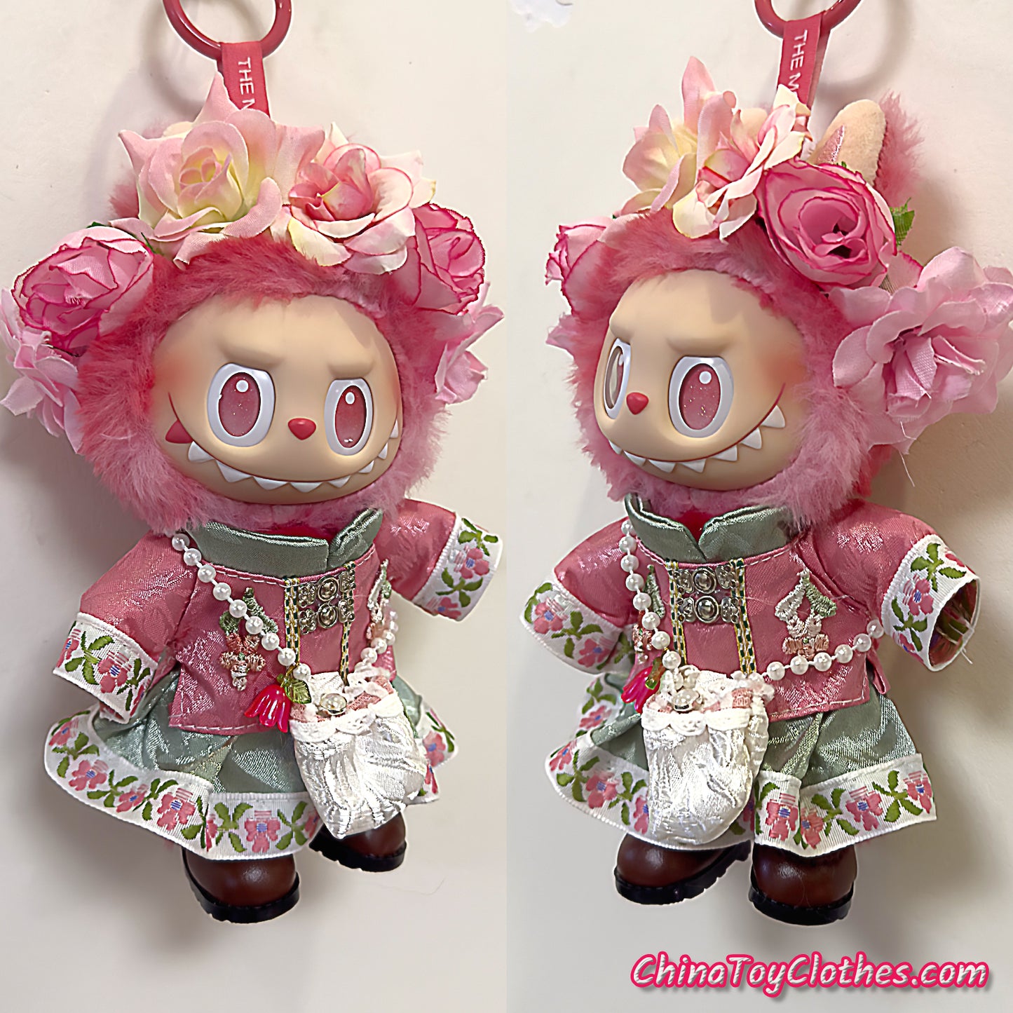 LABUBU 17cm The Monsters Plush Doll Handmade Clothes Cute Qing Dynasty Princess with Flowers Headband NO TOY