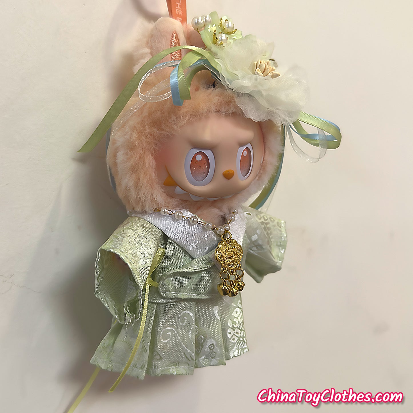 LABUBU 17cm The Monsters Plush Doll Handmade Clothes Green Traditonal Han Dynasty Outfit NO TOY