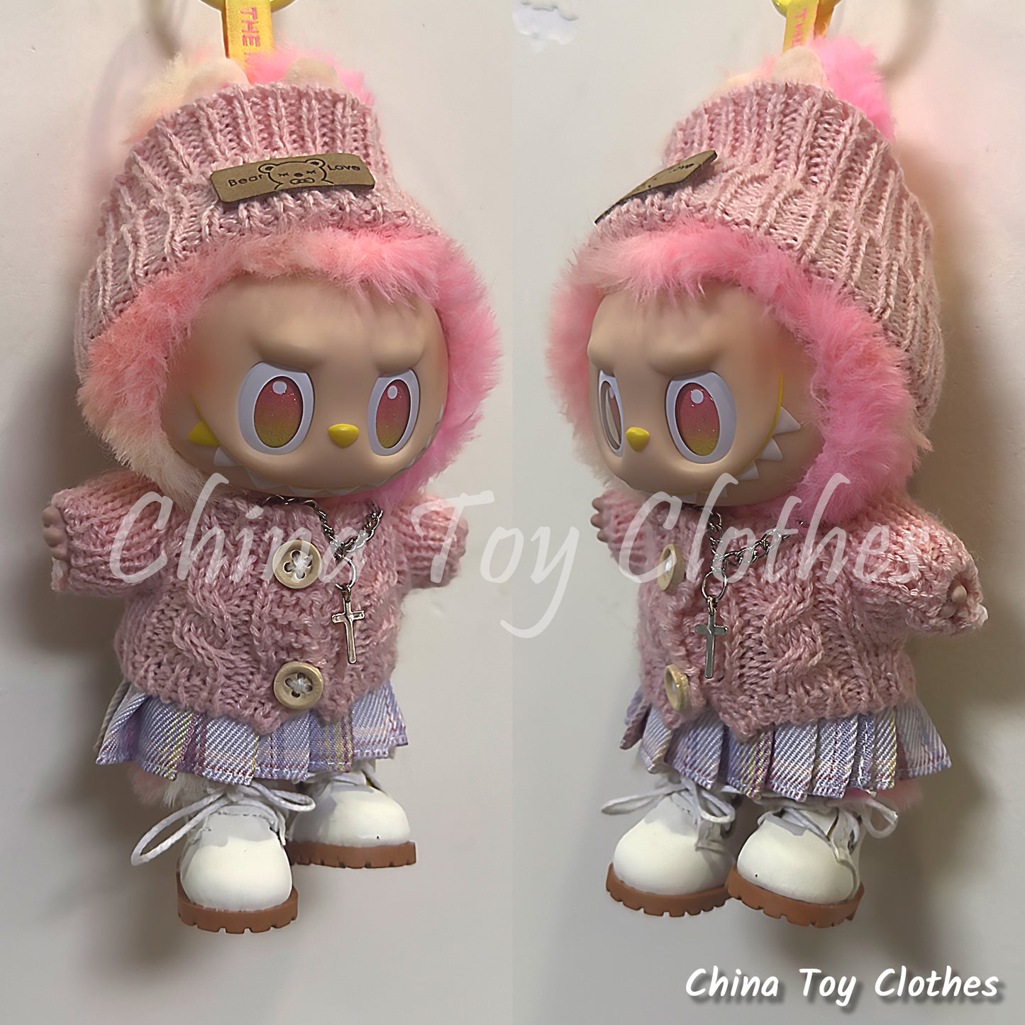 LABUBU 17cm The Monsters Plush Doll Handmade Cute PINK Sweater Outfit NO TOY