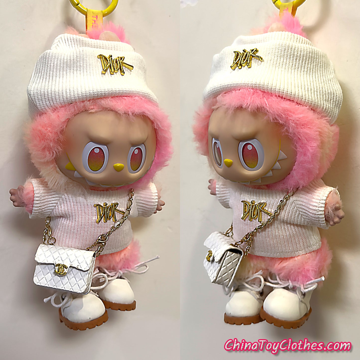 LABUBU 17cm The Monsters Plush Doll Handmade Cute White DD Sweater and Bag NO TOY