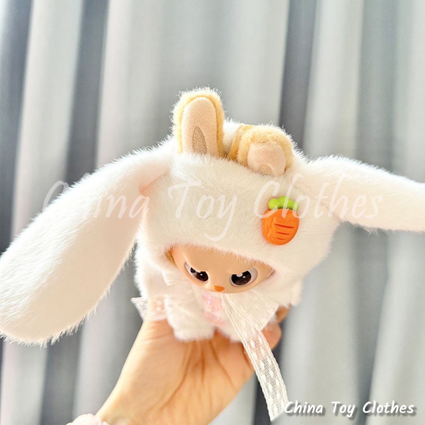 LABUBU 17cm The Monsters Plush Doll Clothes Minky White Rabbit Suit NO TOY