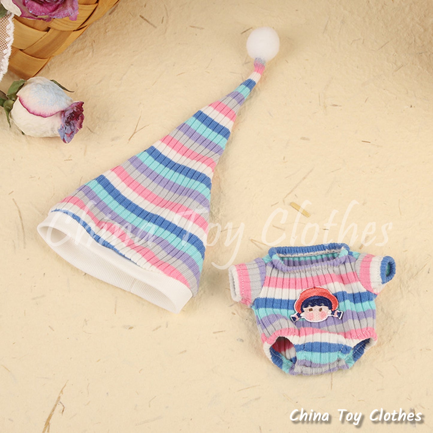 LABUBU 17cm The Monsters Plush Doll Clothes Adorable Rainbow Color Sweater with Hat NO TOY