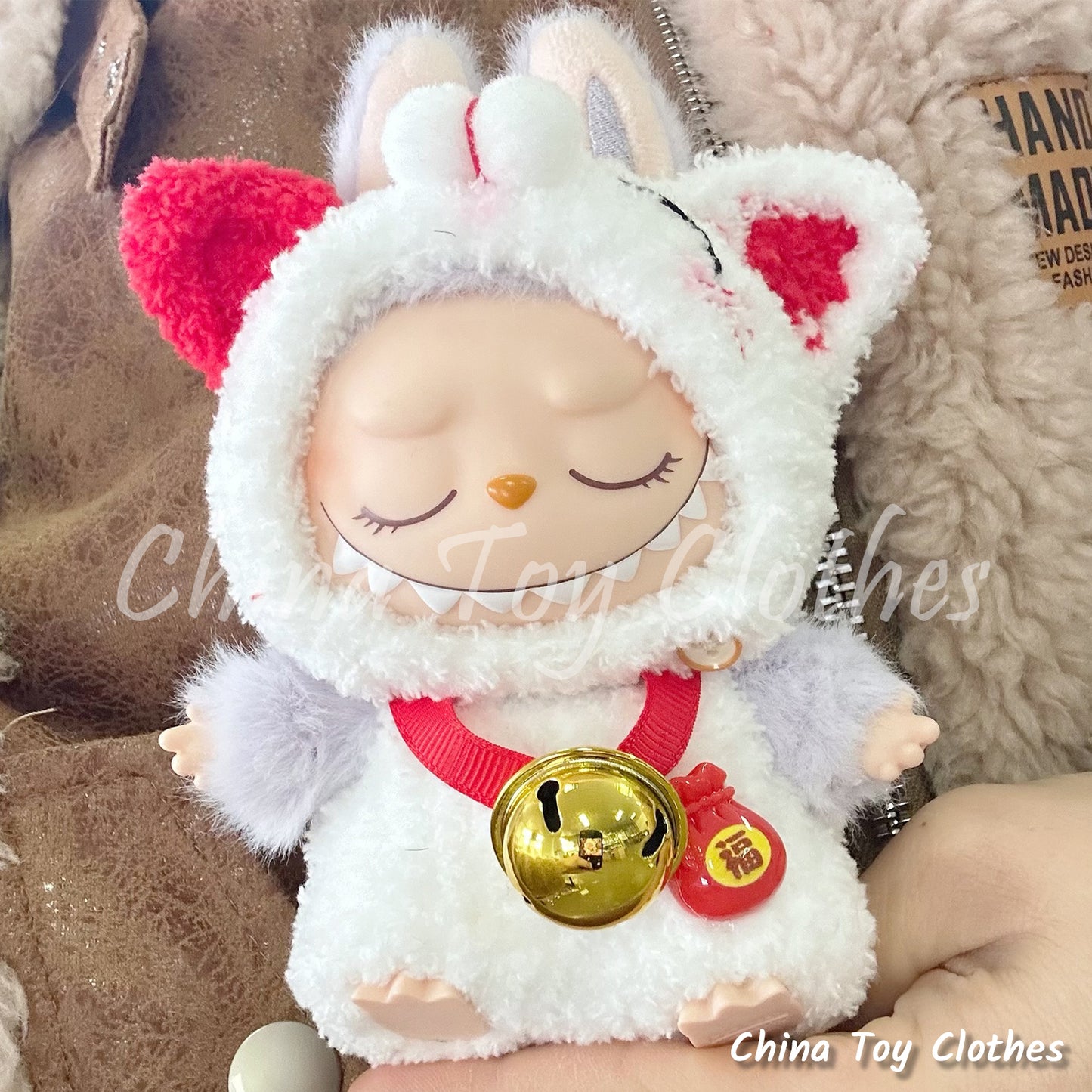 LABUBU 17cm The Monsters Plush Doll Clothes Adorable Handmade White Beckoning Cat Outfit NO TOY