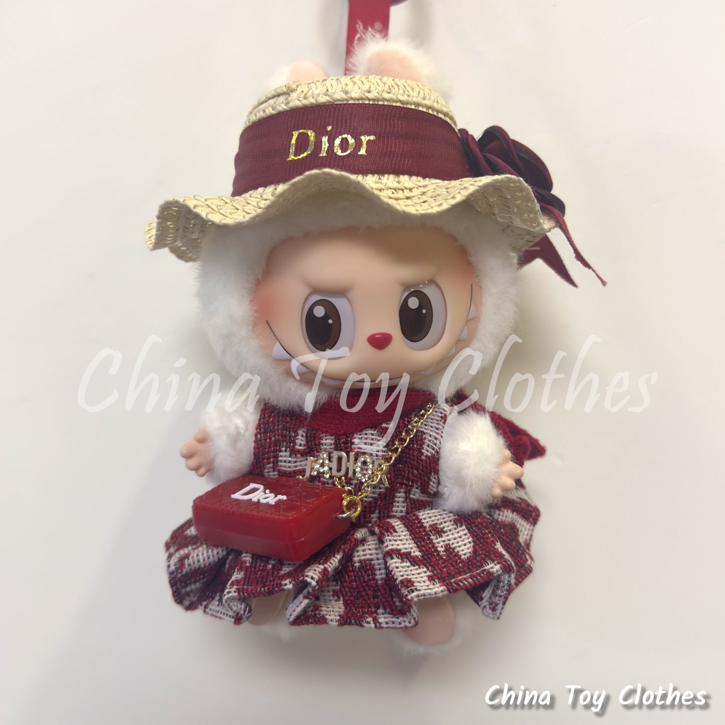 LABUBU 17cm The Monsters Plush Doll Clothes Elegant Straw Hat and Red Skirt and Bag NO TOY