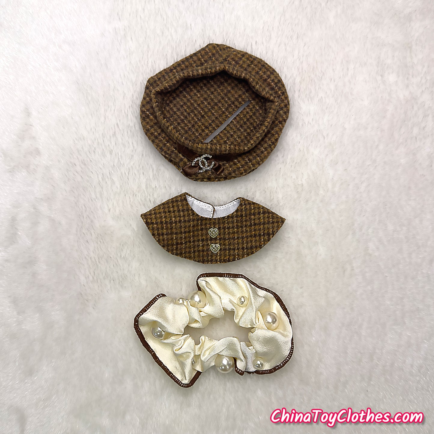 LABUBU 17cm The Monsters Plush Doll Handmade Clothes Brown Elegant Pearls Princess Dress NO TOY