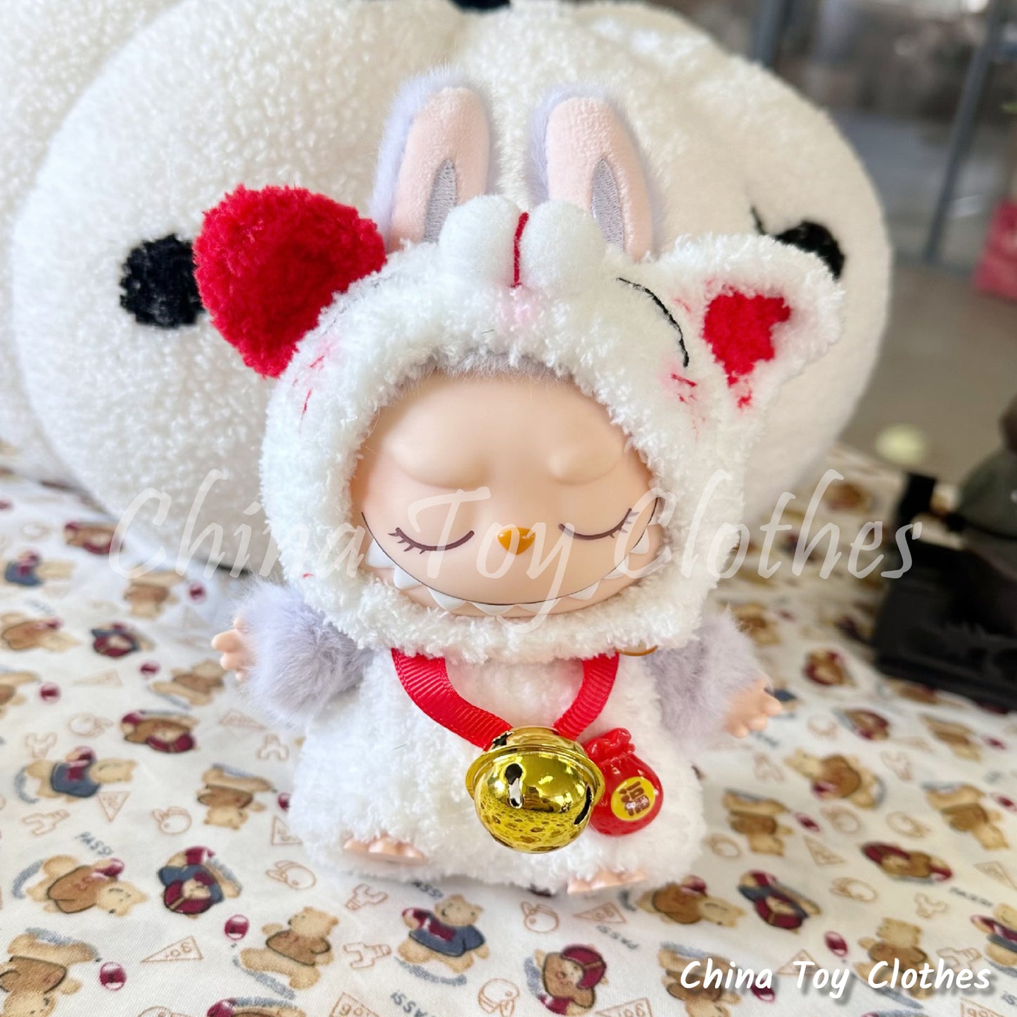 LABUBU 17cm The Monsters Plush Doll Clothes Adorable Handmade White Beckoning Cat Outfit NO TOY