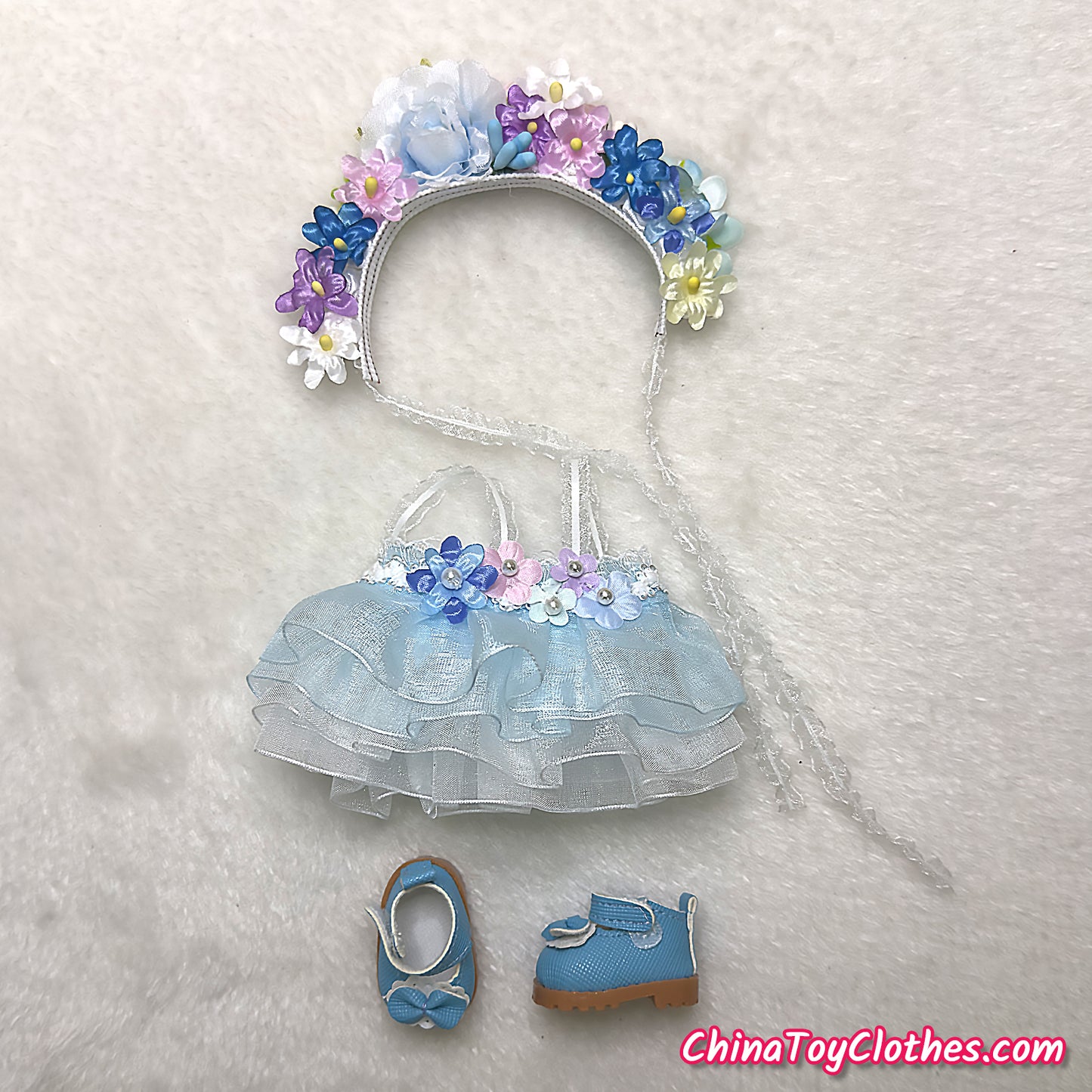 LABUBU 17cm The Monsters Plush Doll Handmade Clothes Blue Flower Maid Outfit NO TOY