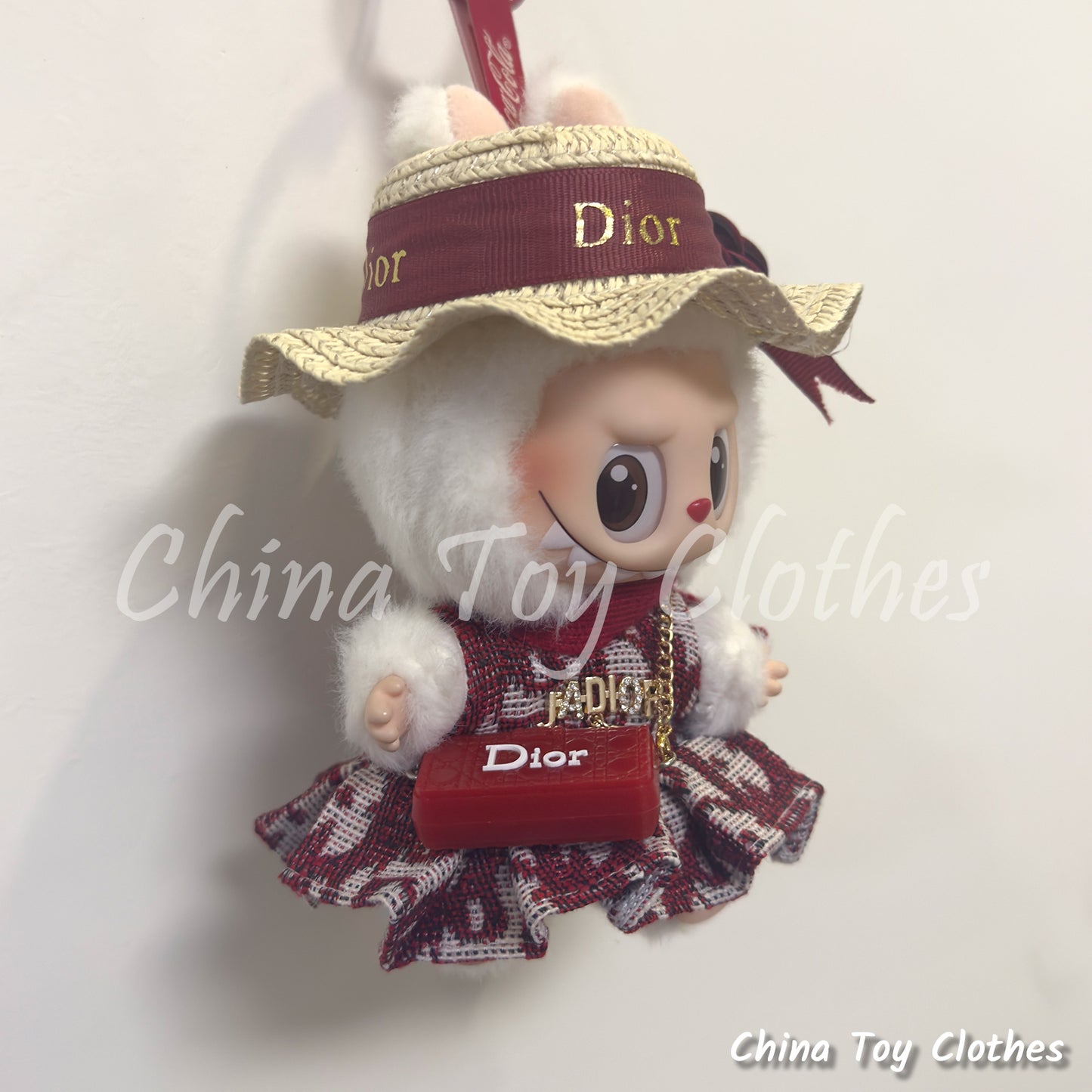 LABUBU 17cm The Monsters Plush Doll Clothes Elegant Straw Hat and Red Skirt and Bag NO TOY