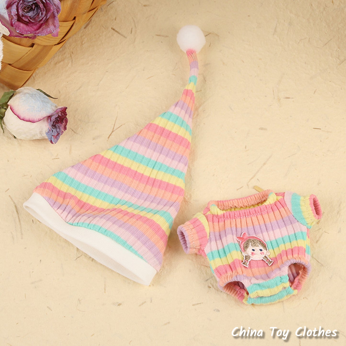 LABUBU 17cm The Monsters Plush Doll Clothes Adorable Rainbow Color Sweater with Hat NO TOY