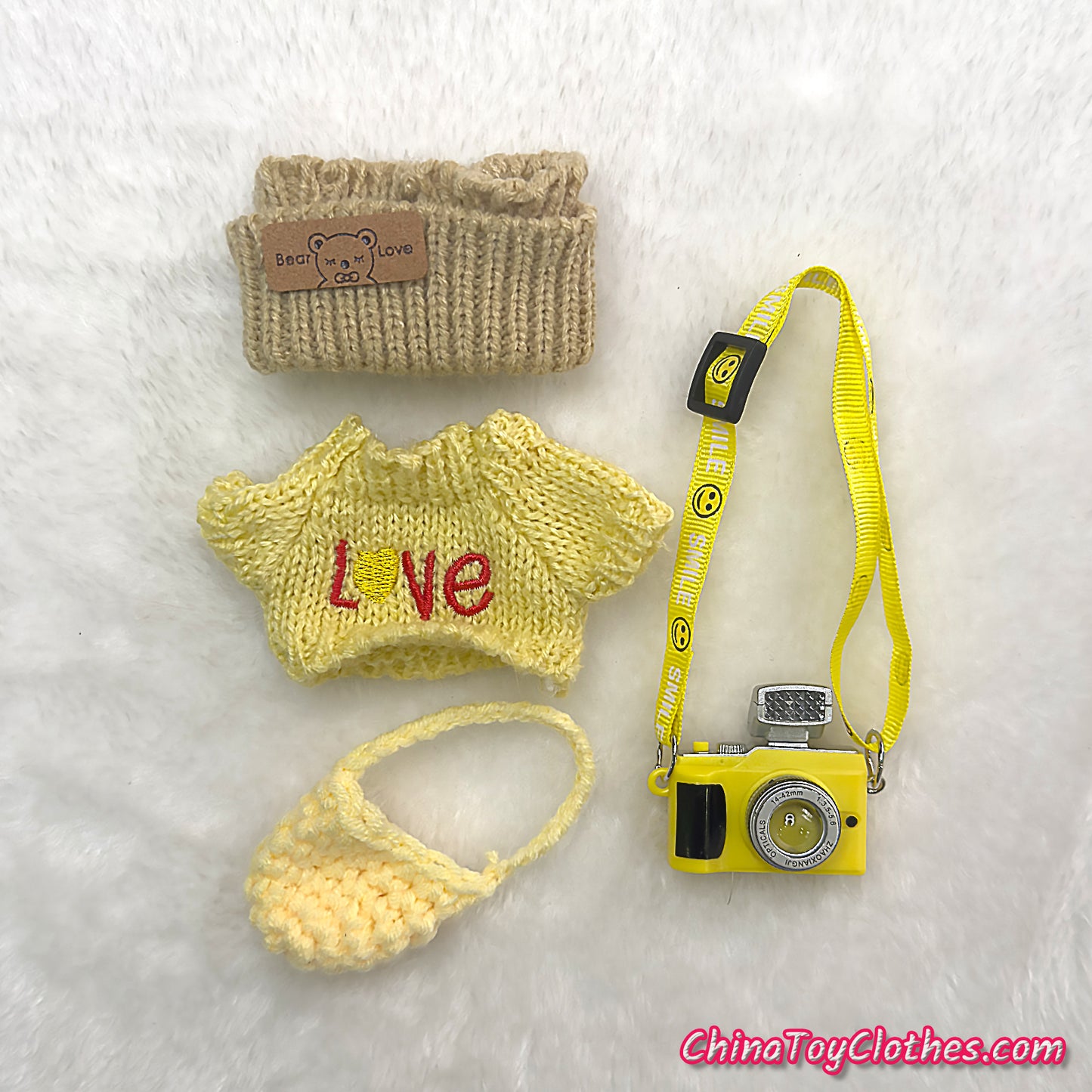 LABUBU 17cm The Monsters Plush Doll Handmade Yellow Cute Sweater Outfit and Camera NO TOY