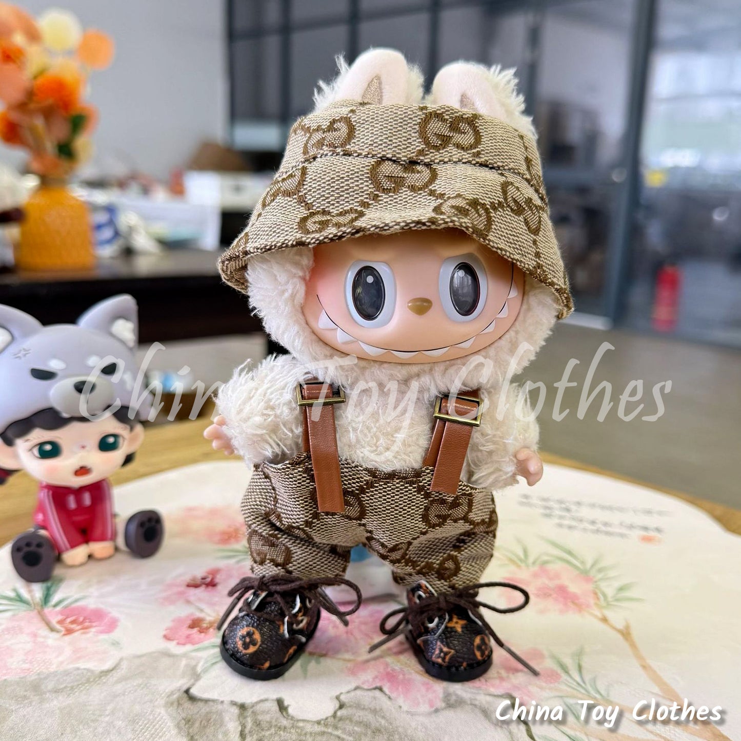 LABUBU 17cm The Monsters Plush Doll Clothes Lovely "Rich Toy" GG Suit Leather Overalls with Hat NO TOY