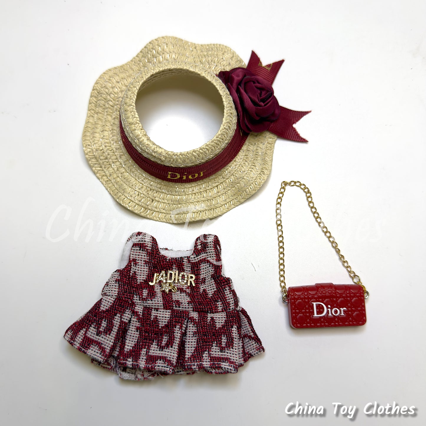 LABUBU 17cm The Monsters Plush Doll Clothes Elegant Straw Hat and Red Skirt and Bag NO TOY